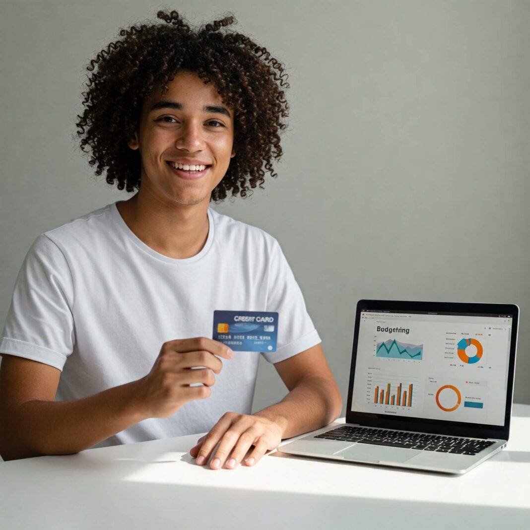 Young adult smiling with credit card and budgeting app on laptop Young adult smiling with credit card and budgeting app on laptop