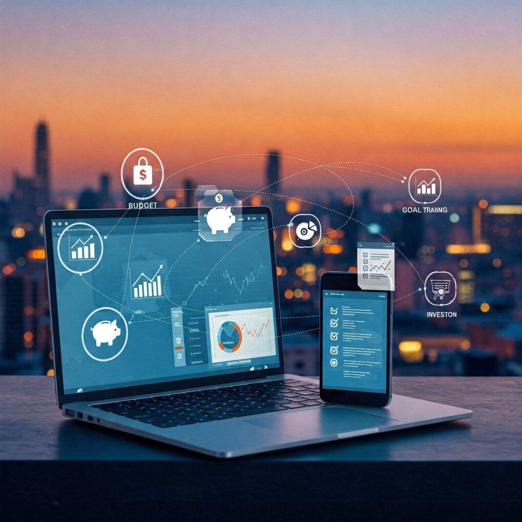 A futuristic illustration of financial tools against a sleek city skyline at dusk. A futuristic illustration of financial tools against a sleek city skyline at dusk.