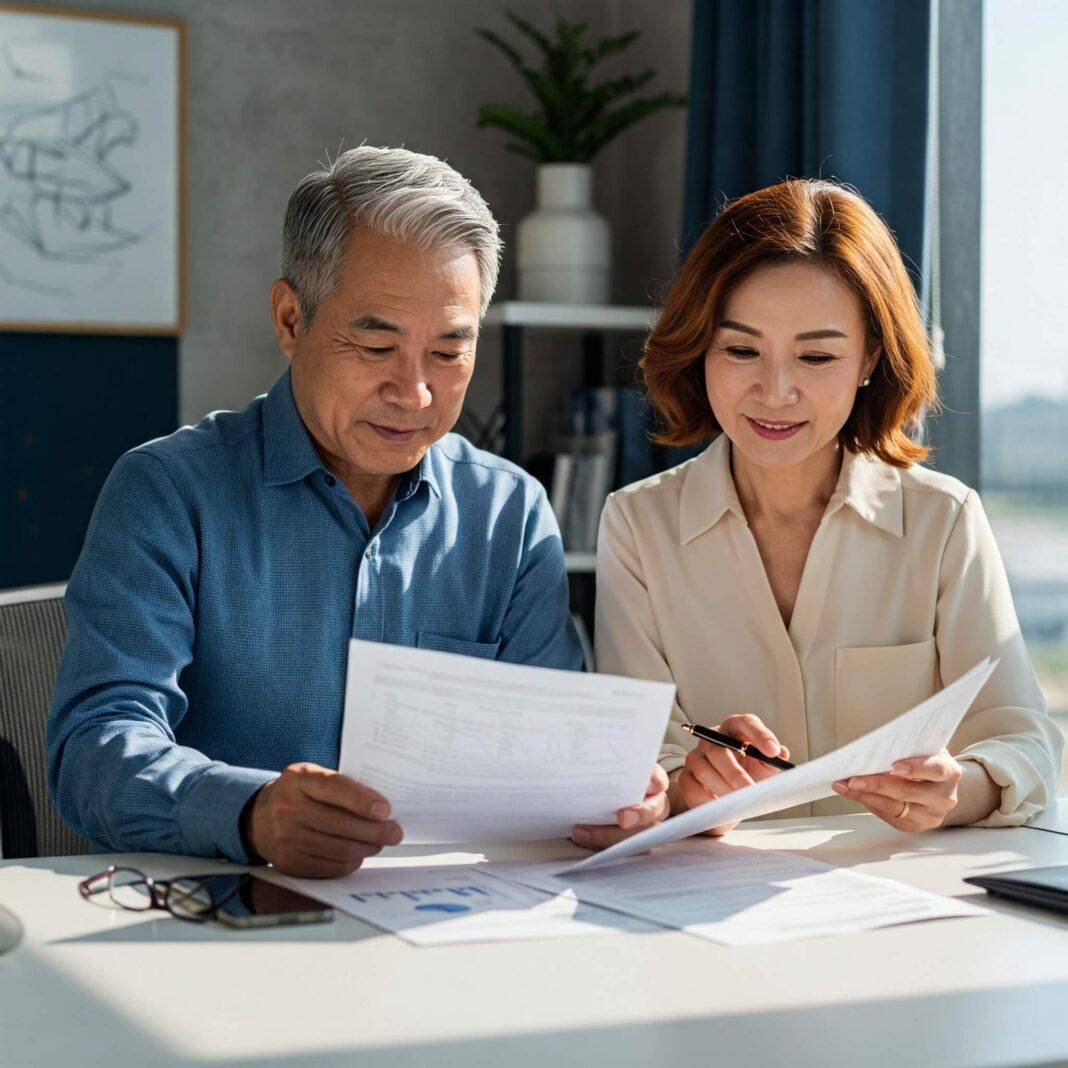 "Confident senior couple reviewing financial documents at sunny desk." "Confident senior couple reviewing financial documents at sunny desk."