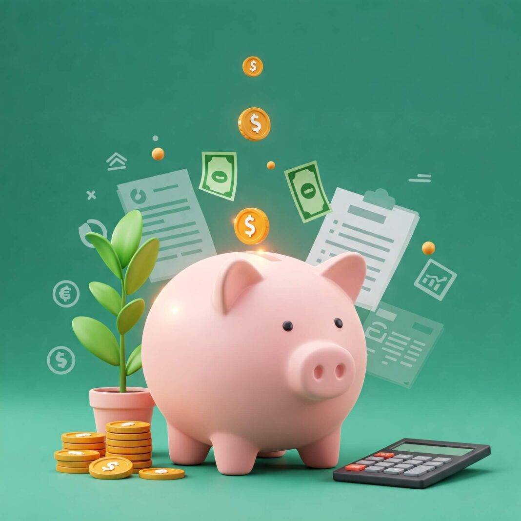 Piggy bank with coins and dollar bills Piggy bank with coins and dollar bills