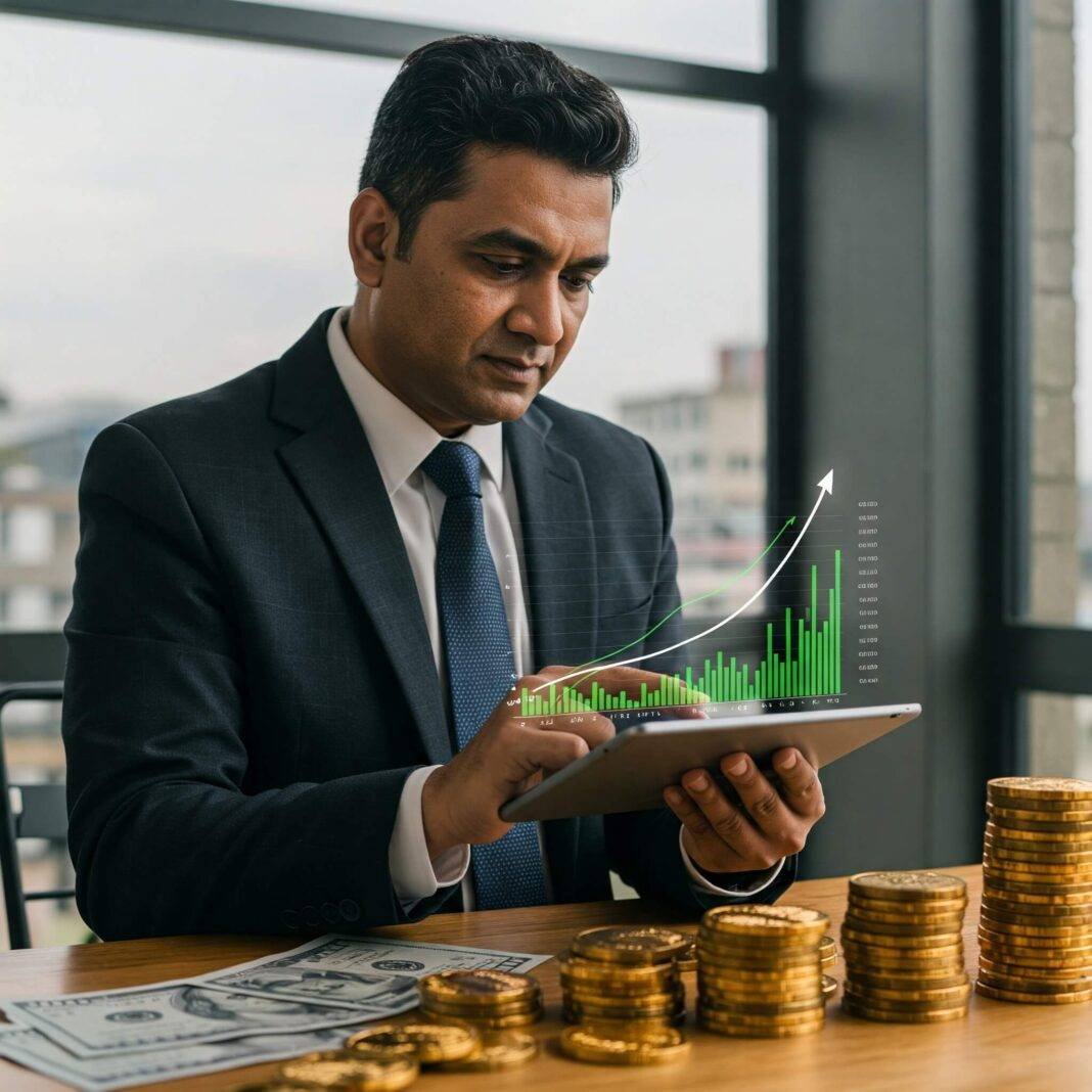 Confident investor reviewing ETF performance on a tablet. Confident investor reviewing ETF performance on a tablet.