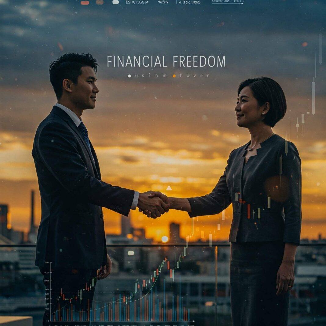 A confident financial consultant is shown shaking hands with a client A confident financial consultant is shown shaking hands with a client