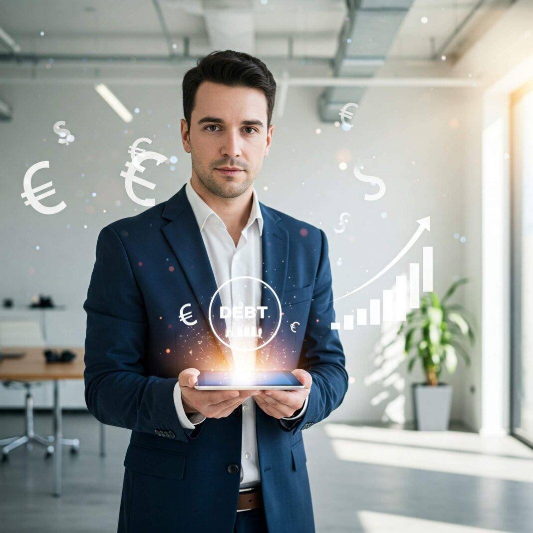 "Person with tablet displaying 'Debt Free' badge" "Person with tablet displaying 'Debt Free' badge"