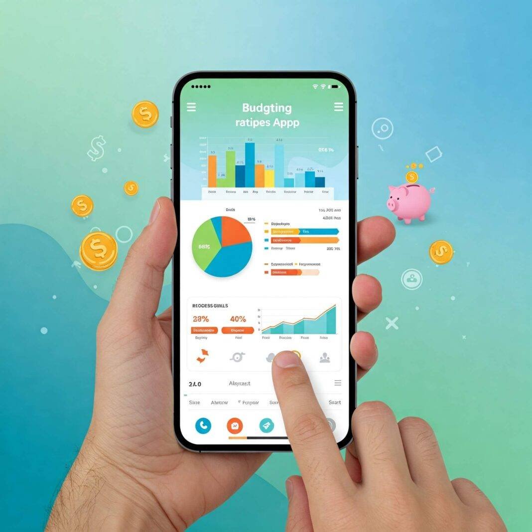 Vibrant budgeting app dashboard on a smartphone. Vibrant budgeting app dashboard on a smartphone.