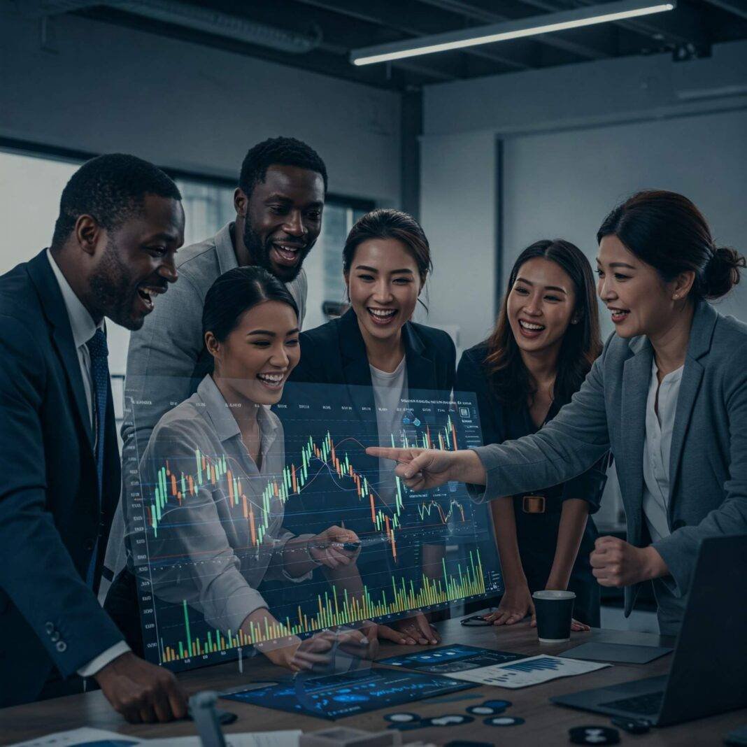 "Diverse investors review mutual fund charts optimistically." "Diverse investors review mutual fund charts optimistically."