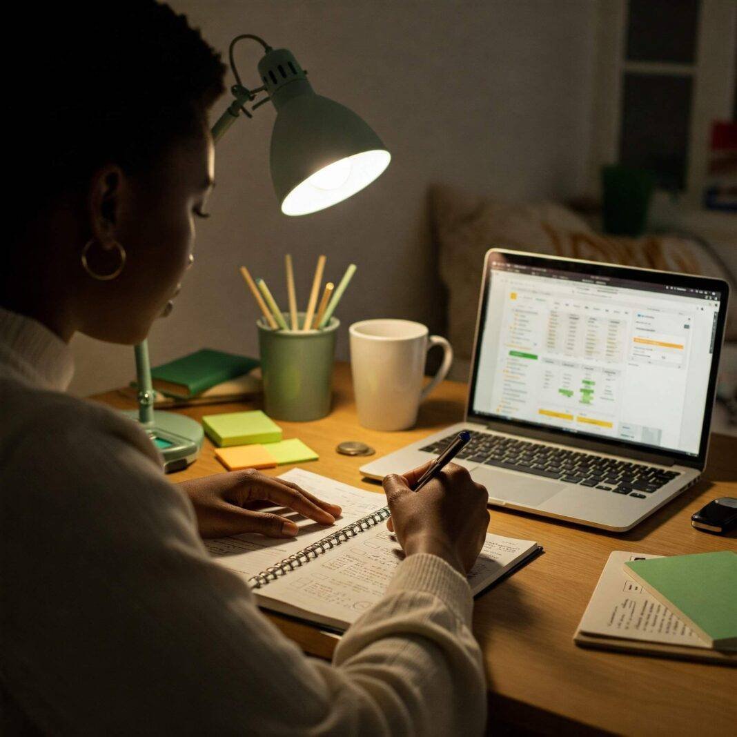 "Person budgeting with planner and app at cozy desk" "Person budgeting with planner and app at cozy desk"