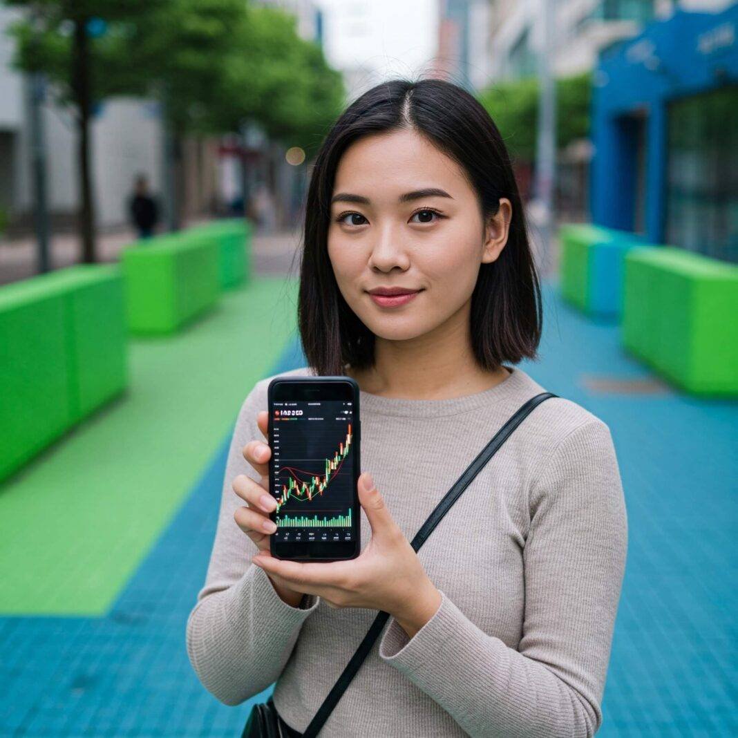 Young person with smartphone showing stock chart in urban setting Young person with smartphone showing stock chart in urban setting