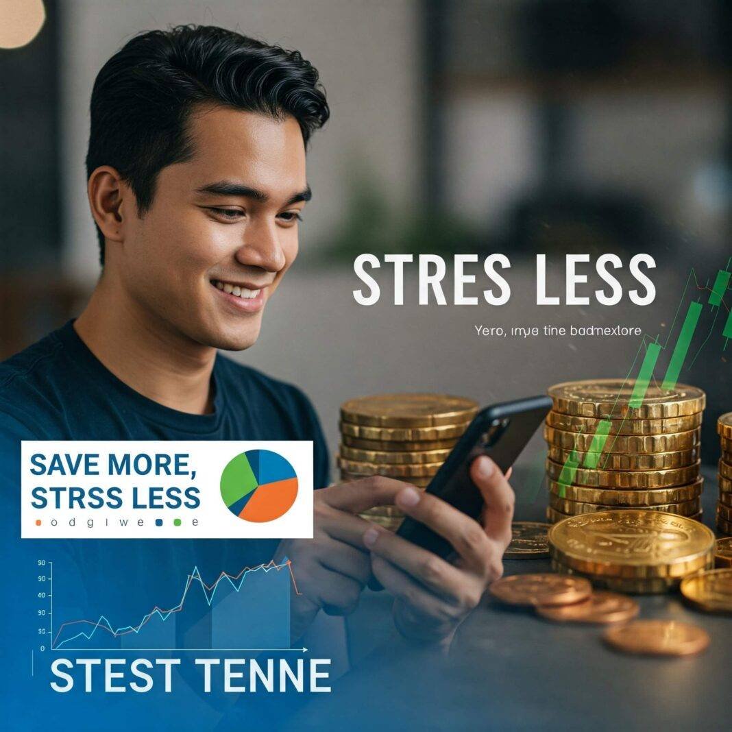 A smiling person is shown using a budgeting app on their phone A smiling person is shown using a budgeting app on their phone