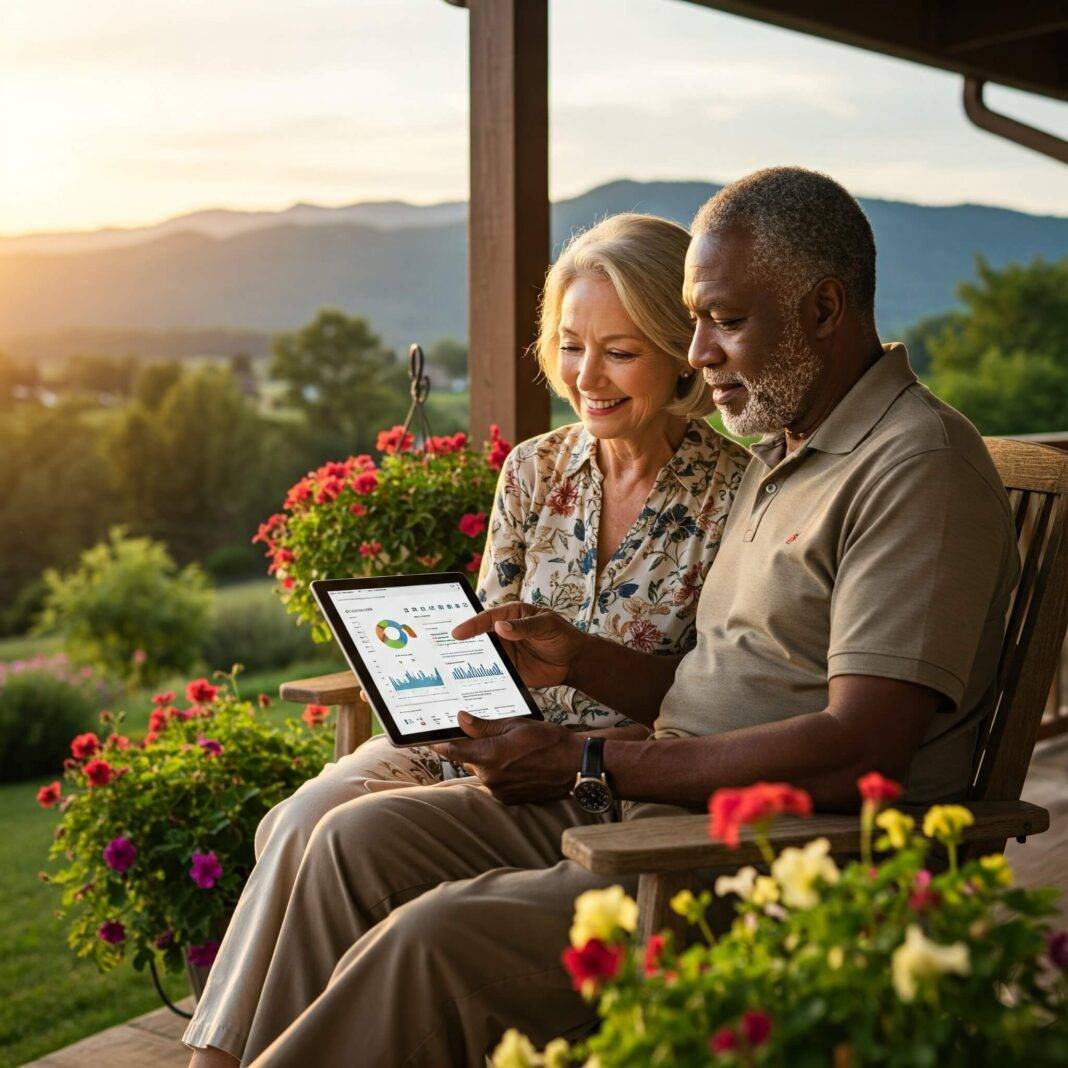 "Retired couple relaxing on porch reviewing retirement plan on tablet" "Retired couple relaxing on porch reviewing retirement plan on tablet"