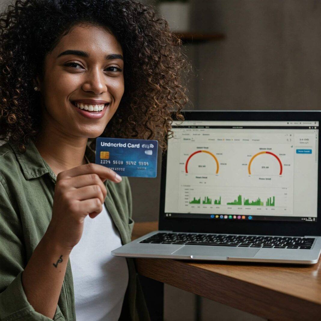 "Young adult with credit card and credit score dashboard on laptop" "Young adult with credit card and credit score dashboard on laptop"