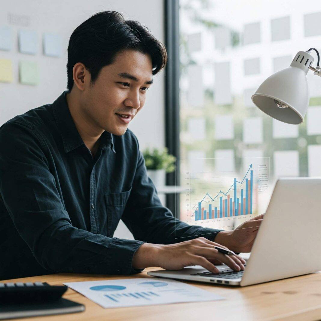 A small business owner is shown confidently reviewing a financial growth chart on a laptop in a modern office A small business owner is shown confidently reviewing a financial growth chart on a laptop in a modern office