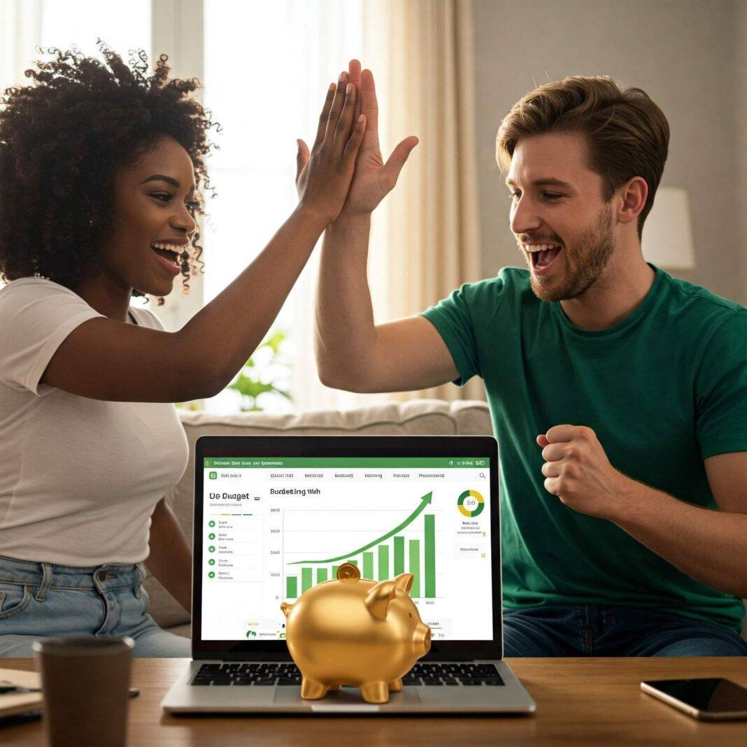 A happy couple high-fiving over a laptop displaying a budgeting appA happy couple high-fiving over a laptop displaying a budgeting app A happy couple high-fiving over a laptop displaying a budgeting app