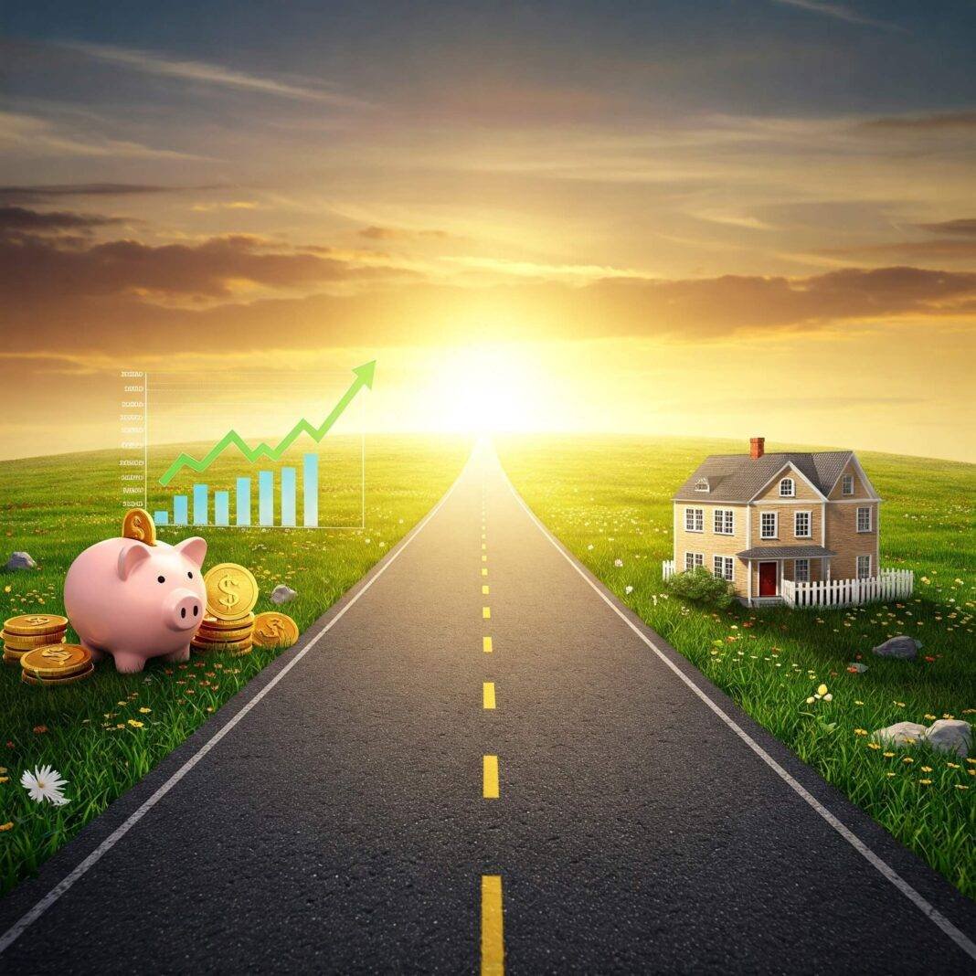 Winding road symbolizing financial freedom with milestones. Winding road symbolizing financial freedom with milestones.