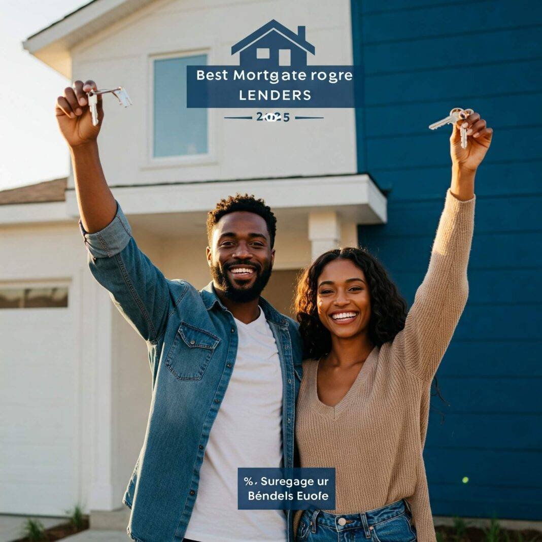 A smiling couple is holding house keys in front of a new home A smiling couple is holding house keys in front of a new home