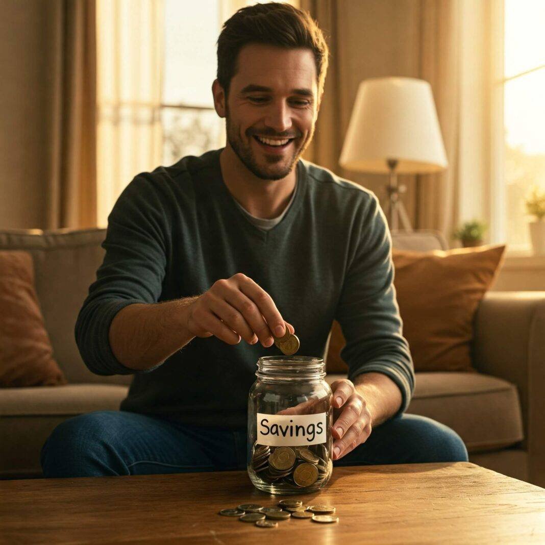 "Smiling person placing coins in a savings jar at home" "Smiling person placing coins in a savings jar at home"