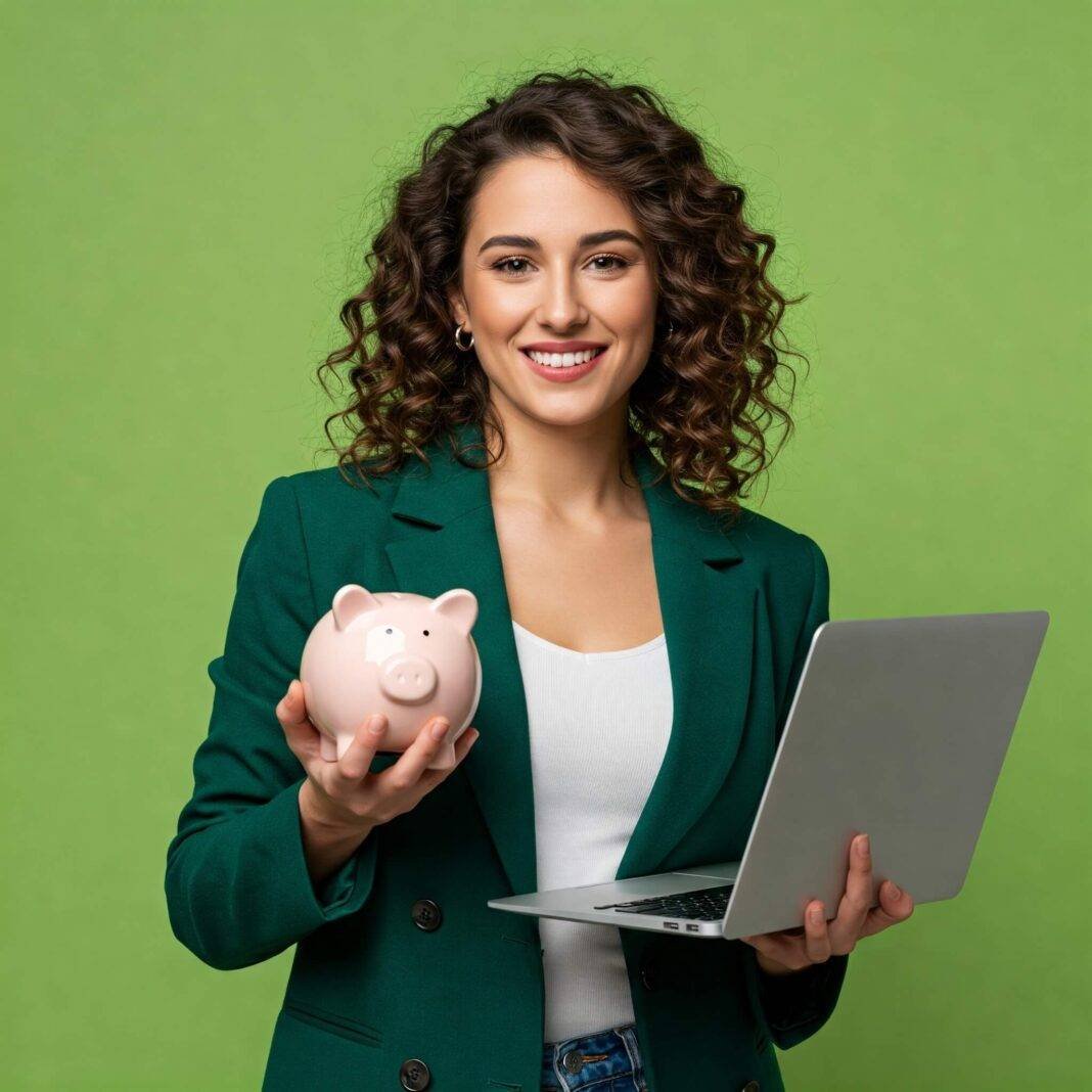 Confident individual with a piggy bank and laptop. Confident individual with a piggy bank and laptop.