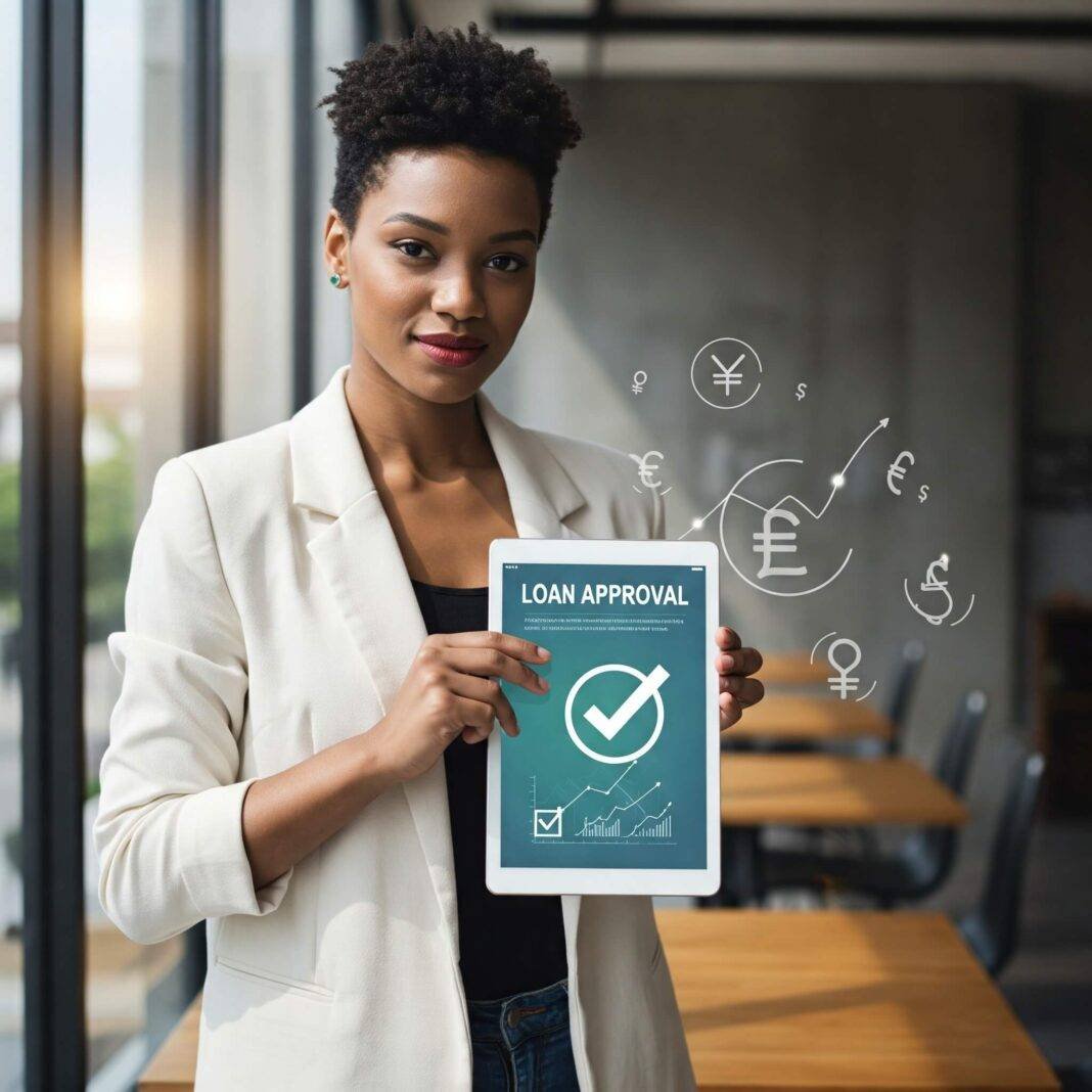 "Confident person with tablet showing loan approval" "Confident person with tablet showing loan approval"