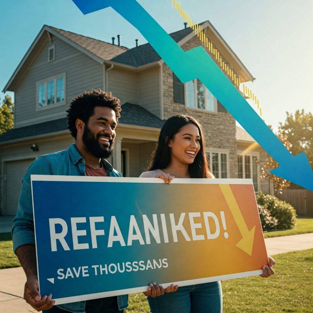 A happy couple is shown holding a "Refinanced!" sign outside their home A happy couple is shown holding a "Refinanced!" sign outside their home