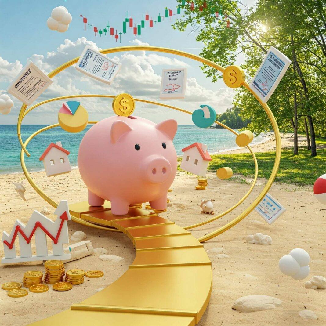 Piggy bank surrounded by investment icons leading to a retirement scene Piggy bank surrounded by investment icons leading to a retirement scene