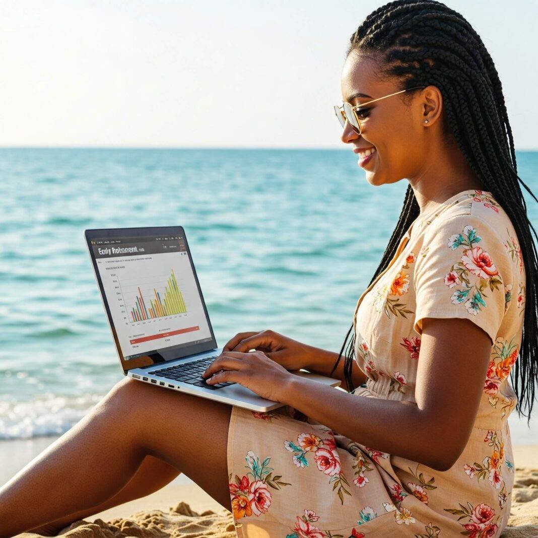 "Relaxed person on beach with laptop showing retirement calculator" "Relaxed person on beach with laptop showing retirement calculator"