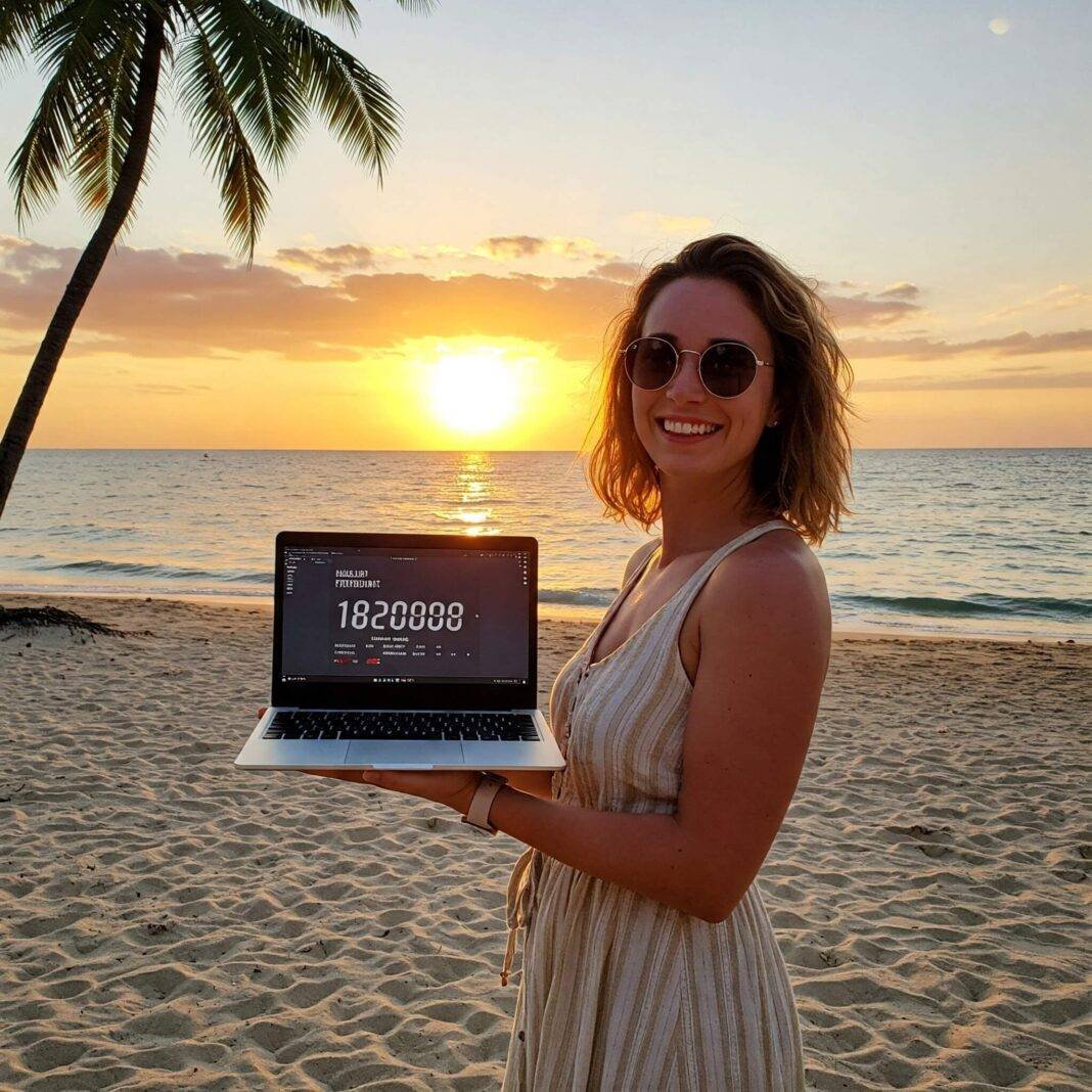 Person on a beach at sunset with a laptop showing a calculator screen. Person on a beach at sunset with a laptop showing a calculator screen.