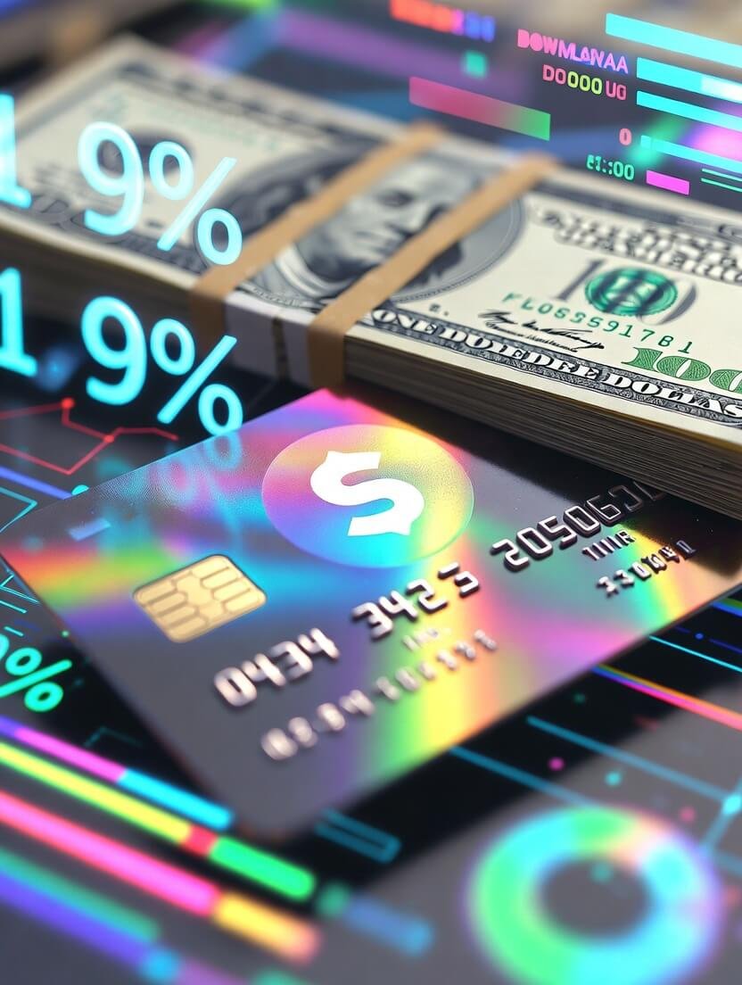 Half-eaten burrito dripping sauce on credit cards with neon "5% BACK" Half-eaten burrito dripping sauce on credit cards with neon "5% BACK"