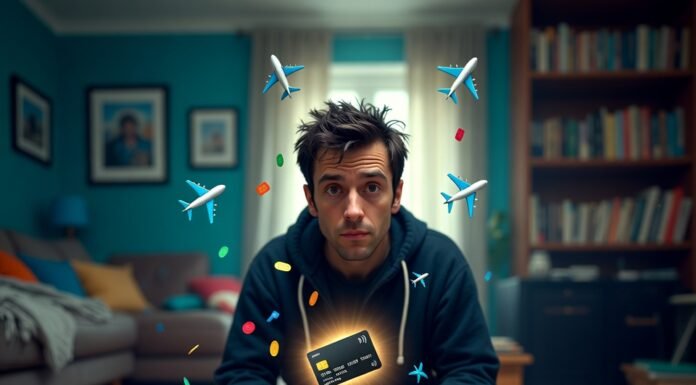 Best Travel Credit Cards for Big Rewards (and No Annual Fees) Frazzled guy with cracked globe piggy bank and glowing credit card