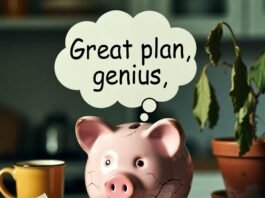 How to Save for Retirement When You’re Living Paycheck to Paycheck Cracked pink piggy bank with sarcastic thought bubble "Great plan