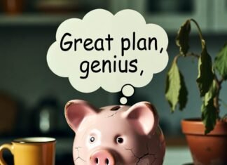 How to Save for Retirement When You’re Living Paycheck to Paycheck Cracked pink piggy bank with sarcastic thought bubble "Great plan