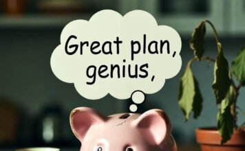 How to Save for Retirement When You’re Living Paycheck to Paycheck Cracked pink piggy bank with sarcastic thought bubble "Great plan