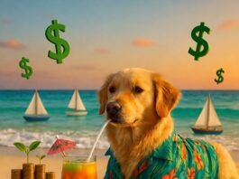 Best Investments for a Rich and Stress-Free Retirement Golden retriever in Hawaiian shirt sipping cocktail on beach at sunset