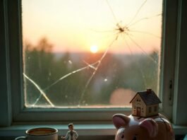 How to Refinance a Mortgage and Save Thousands This Year? Cracked piggy bank with glasses on mortgage papers at dusk.