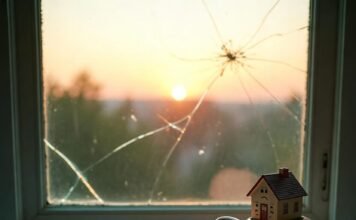 How to Refinance a Mortgage and Save Thousands This Year? Cracked piggy bank with glasses on mortgage papers at dusk.