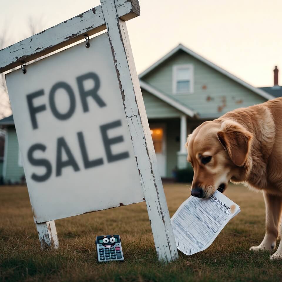 Golden retriever chews mortgage sheet by crooked For Sale sign Golden retriever chews mortgage sheet by crooked For Sale sign