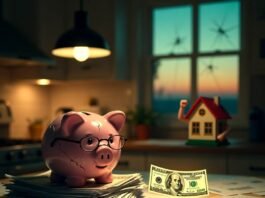 Financial Wellness 101: How to Take Control of Your Money Cracked piggy bank on mortgage papers at dusk sunrise