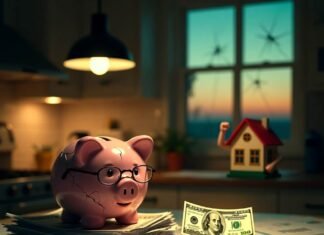Financial Wellness 101: How to Take Control of Your Money Cracked piggy bank on mortgage papers at dusk sunrise