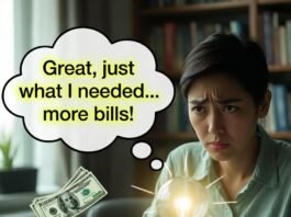 Financial Planning Made Simple: A Beginner’s Guide Cluttered kitchen table with low bank balance and grim reaper cartoon