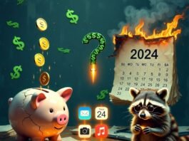 Top 5 Financial Services You Should Be Using in 2025 Cracked piggy bank leaking digital coins, burning 2024 calendar, sleepy raccoon accountant