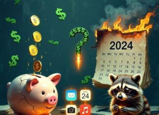 Top 5 Financial Services You Should Be Using in 2025 Cracked piggy bank leaking digital coins, burning 2024 calendar, sleepy raccoon accountant