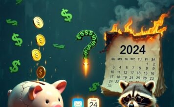 Top 5 Financial Services You Should Be Using in 2025 Cracked piggy bank leaking digital coins, burning 2024 calendar, sleepy raccoon accountant