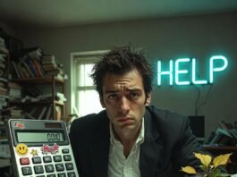 What Does a Financial Consultant Actually Do? Explained Cluttered desk at night with coffee spill, neon "HELP", and rubber duck