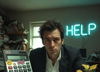 What Does a Financial Consultant Actually Do? Explained Cluttered desk at night with coffee spill, neon "HELP", and rubber duck