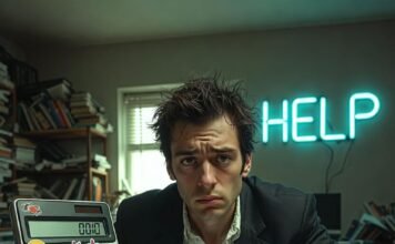 What Does a Financial Consultant Actually Do? Explained Cluttered desk at night with coffee spill, neon "HELP", and rubber duck