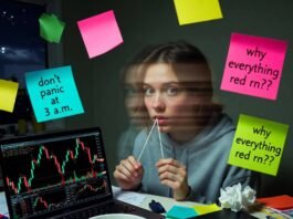 How to Invest in Stocks: Step-by-Step for Absolute Beginners Nervous beginner eating ramen, staring at red stock charts (7 words)