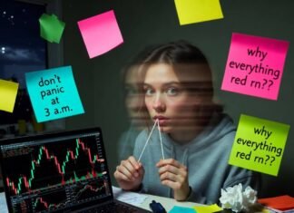 How to Invest in Stocks: Step-by-Step for Absolute Beginners Nervous beginner eating ramen, staring at red stock charts (7 words)