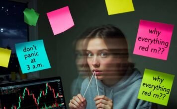 How to Invest in Stocks: Step-by-Step for Absolute Beginners Nervous beginner eating ramen, staring at red stock charts (7 words)