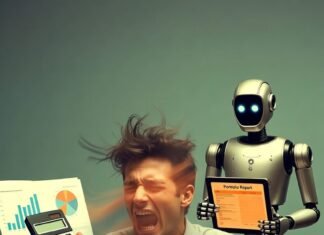 Financial Advisor vs. Robo-Advisor: Which One Should You Choose? Stressed man juggling robo-advisor and human advisor chaos