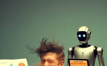 Financial Advisor vs. Robo-Advisor: Which One Should You Choose? Stressed man juggling robo-advisor and human advisor chaos