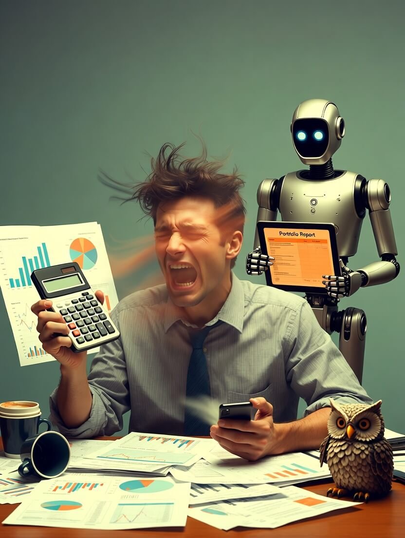 Stressed man juggling robo-advisor and human advisor chaos Stressed man juggling robo-advisor and human advisor chaos