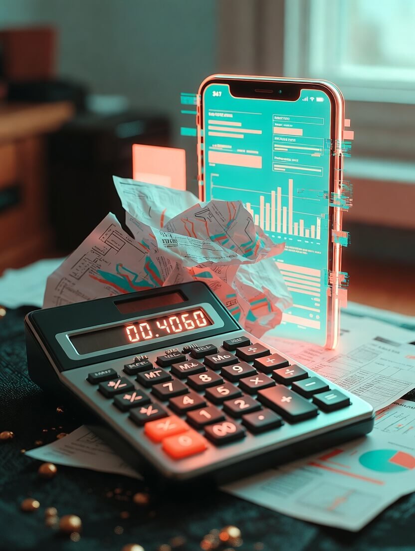 Worn wallet spilling holographic charts, avocado toast receipt Worn wallet spilling holographic charts, avocado toast receipt